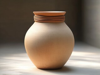 Simple beige ceramic pot with a rounded body and a rolled rim placed on a smooth surface with soft light and shadows