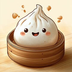 cute cartoon steamed bun with happy face and rosy cheeks sitting in a wooden bamboo steamer with drops around it