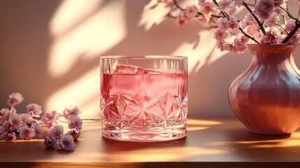 Pink drink with ice served in a decorative glass beside a vase with cherry blossoms on a wooden surface bathed in warm natural light