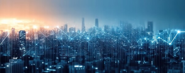 Futuristic cityscape at sunset with glowing digital data lines and graphs overlaying skyscrapers, symbolizing technology and financial growth