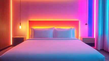 Modern bedroom with large bed, glowing colorful neon lights behind headboard, minimalistic bedside tables, hanging bulbs, and curtains