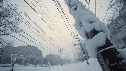 Snow-covered utility pole on a snowy street with overhead power lines and buildings in a quiet winter setting under a gray sky