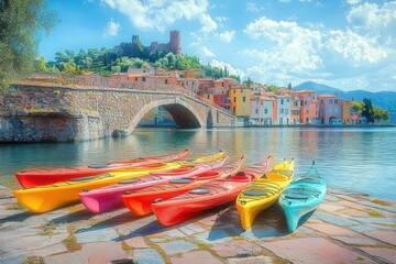 Colorful kayaks lined up on stone shore beside calm water with a historic stone bridge, pastel buildings, and hilltop castle under a bright blue sky with clouds