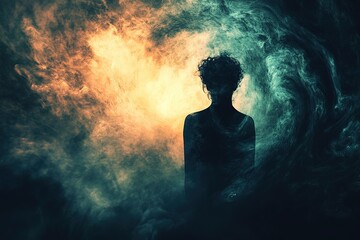 Obraz premium A conceptual digital artwork representing mental health awareness, a person emerging from a dark shadow into light, expressive surrealism