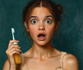 Surprised young woman with wide eyes and open mouth holding a toothbrush with yellow toothpaste against a dark green background