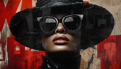 Close-up portrait of a woman wearing large sunglasses and a textured black wide-brimmed hat with a confident and mysterious expression against a grunge red and beige background