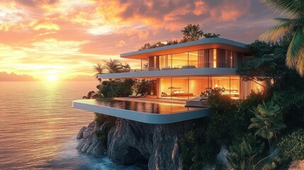 Modern luxury house with large glass windows and an infinity pool perched on a cliff overlooking the ocean at vibrant sunset