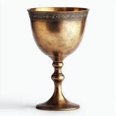 antique golden goblet with intricate engraved border on a white background