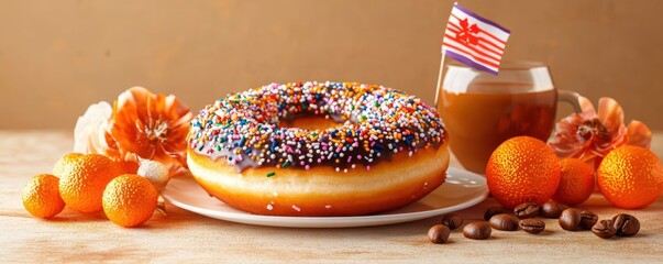 Chocolate frosted donut with rainbow sprinkles on white plate surrounded by fresh citrus fruits, coffee beans, and a glass cup of coffee with a small flag