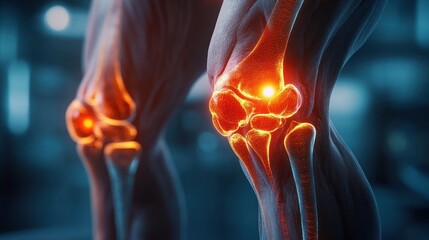 Close-up 3D medical illustration of human knees showing bones and inflammation highlighting joint pain or injury