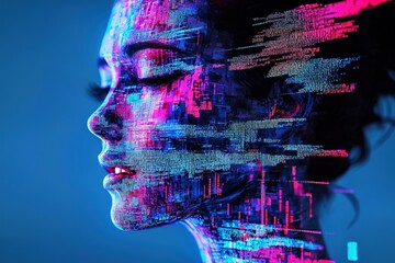 A glitch-art portrait of a person, distorted digital waves, neon pixel effects, experimental futuristic composition