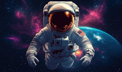Astronaut floating in space with Earth and colorful nebula clouds in the background conveying exploration and wonder