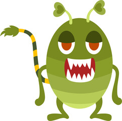 Green Ovoid Creature with Heart Antennae and Striped Tail, Cartoon Style Illustration