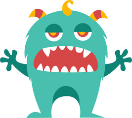 Teal Monster with Red Mouth and Horns, Flat Vector Illustration on White Background