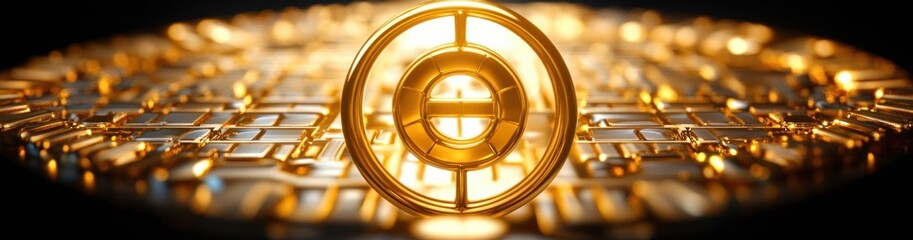 Close-up view of a shiny golden circular digital pattern with illuminated grid-like structures and a glowing central symbol emitting warm light