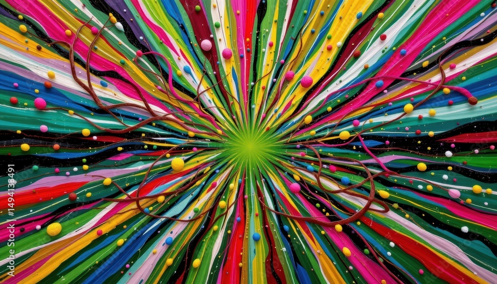 Poster vibrant abstract design featuring radiating colors and dynamic lines creating a celebratory atmosphe
