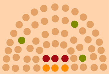 Abstract Semicircle: Tan, Green, Red, Orange Circles, Seating Arrangement, Minimalist Design.