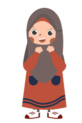 Smiling Girl in Hijab, Cartoon Illustration, Red Dress, Cheerful Expression.