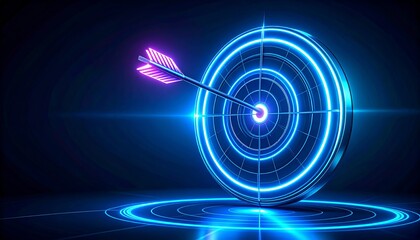 Futuristic Digital Target with Neon Arrow Hitting Center of Circle on Dark Background