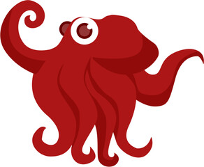 Cartoon Red Octopus with Big Eyes and Curled Tentacle, Vector Illustration