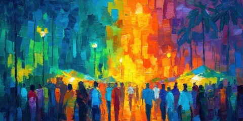 Rue animée nocturne, ambiance vibrante