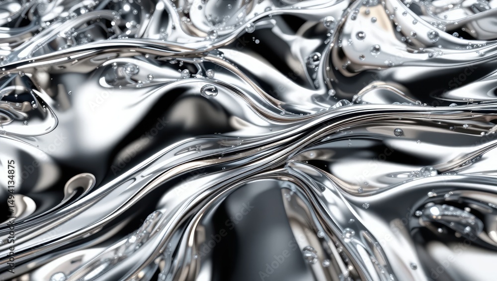 Poster abstract metallic liquid texture with flowing waves and shiny silver surface patterns