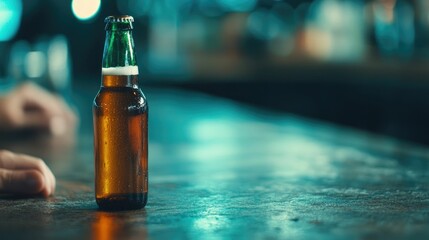 Close up of a hand reaching out to grasp a cold beer bottle placed on a cluttered wooden bar table with a blurred background suggesting a lively social setting or gathering