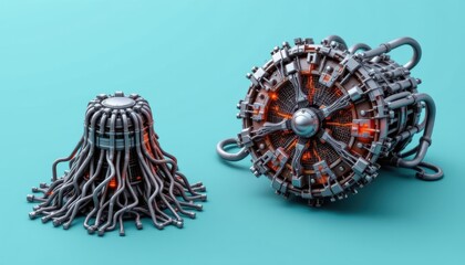 Naklejka premium Abstract Metallic Sculpture Featuring Interconnected Forms and Dynamic Patterns Against Turquoise Background