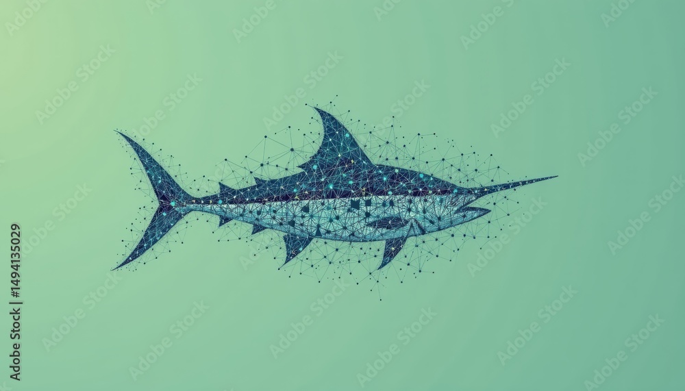 Poster abstract representation of a fish form using digital particles in blue oceanic tones