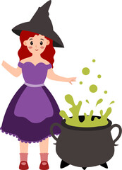 Red-haired girl in witch's hat with bubbling cauldron, vector illustration.