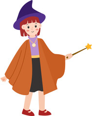 Whimsical Girl in Wizard Hat & Cape Holding Magic Wand, Cartoon Illustration.