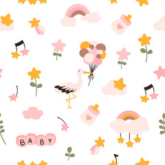 Toddler nursing and health care and hygiene products with decorative elements for baby shower design. Pattern. 
