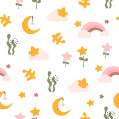 Fototapeta premium Toddler nursing and health care and hygiene products with decorative elements for baby shower design. Pattern. 