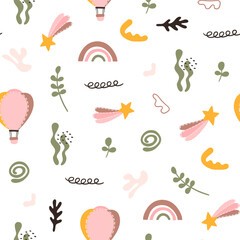 Toddler nursing and health care and hygiene products with decorative elements for baby shower design. Pattern. 
