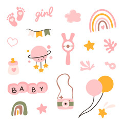 Toddler nursing and health care and hygiene products with decorative elements for baby shower design.	
