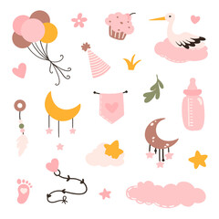 Toddler nursing and health care and hygiene products with decorative elements for baby shower design.	
