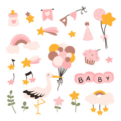 Toddler nursing and health care and hygiene products with decorative elements for baby shower design.	
