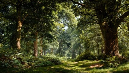 Obraz premium Sunlight Path Through Lush Green Forest