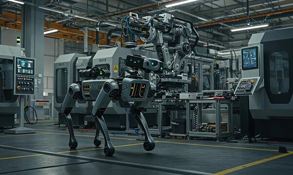 Robot dog inspection in a factory, near large machinery