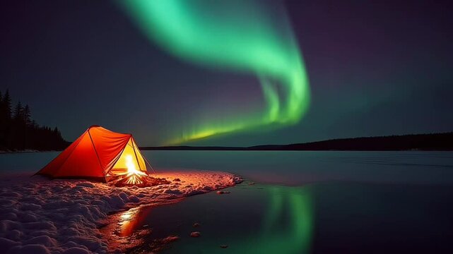 Beautiful Aurora Borealis Over Camping Tent by Snowy Lake at Night seamless looping video