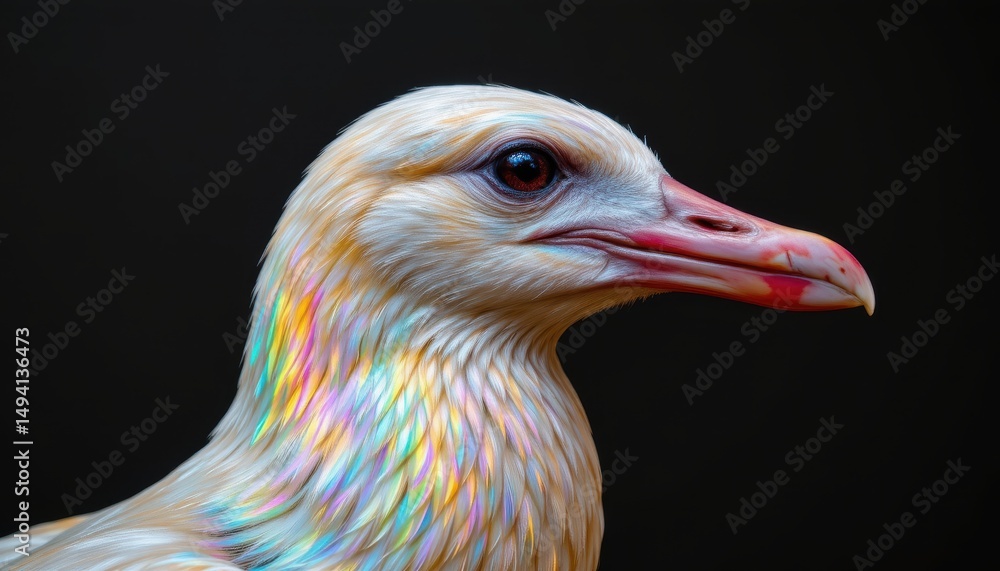 Poster closeup portrait of a colorful bird showing iridescent feathers against a dark background