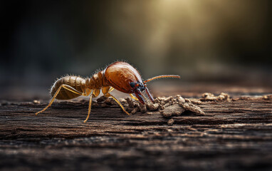 This close-up image captures a termite diligently working on wood, showcasing its intricate details and role in the ecosystem as a natural recycler.