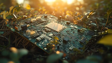 Circuit Board Surrounded by Nature with Soft Sunset Glow