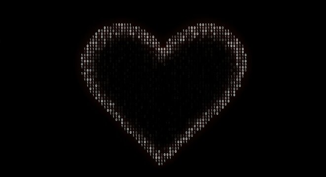 Digital data heart shape concept for technology love ai machine learning and coding romance background