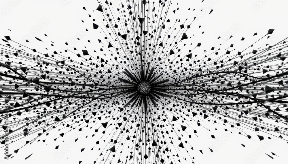 Poster dynamic black and white abstract design with geometric patterns and explosive energy effects