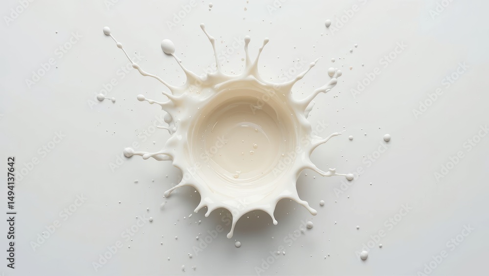 Poster dynamic splash of milk creating abstract patterns on white background with circular shapes