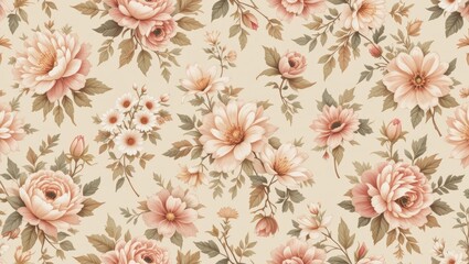 Elegant Vintage Floral Pattern Featuring Soft Roses on a Light Beige Background