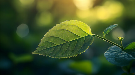 Lush green leaf illuminated by golden sunlight.