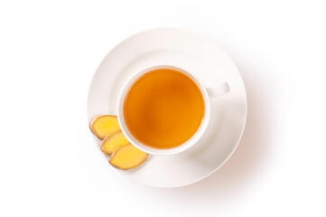 Cup of hot ginger tea isolated on white background. top view

