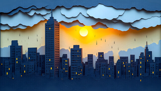 Sunset Rain Over Paper Cut Cityscape
